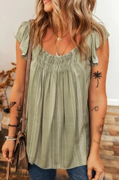 New Dear-Lover Stripes Ruffled Sleeve Shirred Round Neck Loose Fit Tank Top Laurel Green