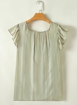 New Dear-Lover Stripes Ruffled Sleeve Shirred Round Neck Loose Fit Tank Top Laurel Green