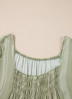 New Dear-Lover Stripes Ruffled Sleeve Shirred Round Neck Loose Fit Tank Top Laurel Green