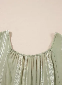 New Dear-Lover Stripes Ruffled Sleeve Shirred Round Neck Loose Fit Tank Top Laurel Green