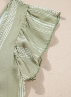 New Dear-Lover Stripes Ruffled Sleeve Shirred Round Neck Loose Fit Tank Top Laurel Green