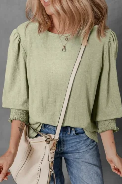 Hot Dear-Lover Textured Round Neck Half Sleeve Blouse Laurel Green