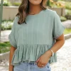 New Dear-Lover Textured Ruffled Hem Short Sleeve Blouse Laurel Green