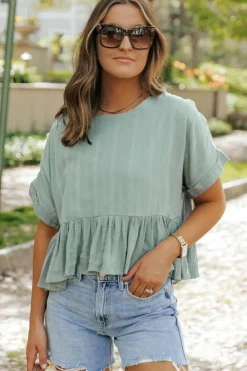 New Dear-Lover Textured Ruffled Hem Short Sleeve Blouse Laurel Green
