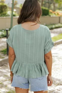 New Dear-Lover Textured Ruffled Hem Short Sleeve Blouse Laurel Green