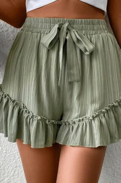 New Dear-Lover Textured Tie Waist Ruffle Hem Shorts Laurel Green