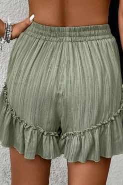 New Dear-Lover Textured Tie Waist Ruffle Hem Shorts Laurel Green