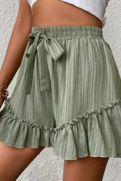 New Dear-Lover Textured Tie Waist Ruffle Hem Shorts Laurel Green