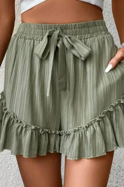 New Dear-Lover Textured Tie Waist Ruffle Hem Shorts Laurel Green