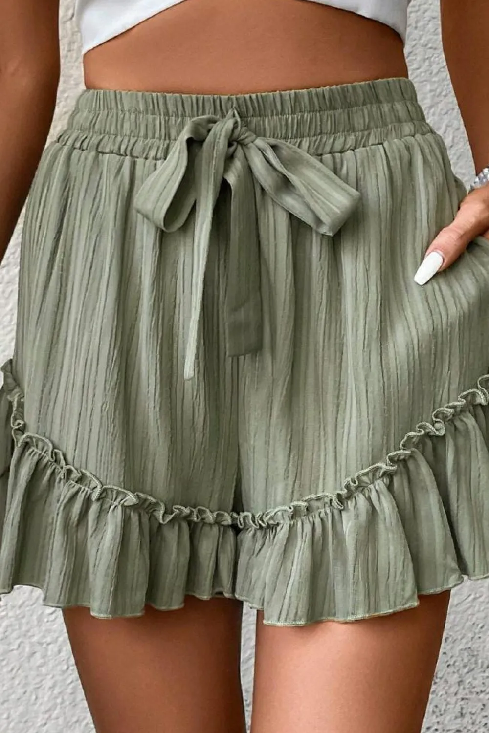 New Dear-Lover Textured Tie Waist Ruffle Hem Shorts Laurel Green