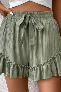New Dear-Lover Textured Tie Waist Ruffle Hem Shorts Laurel Green