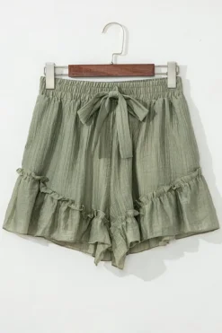New Dear-Lover Textured Tie Waist Ruffle Hem Shorts Laurel Green