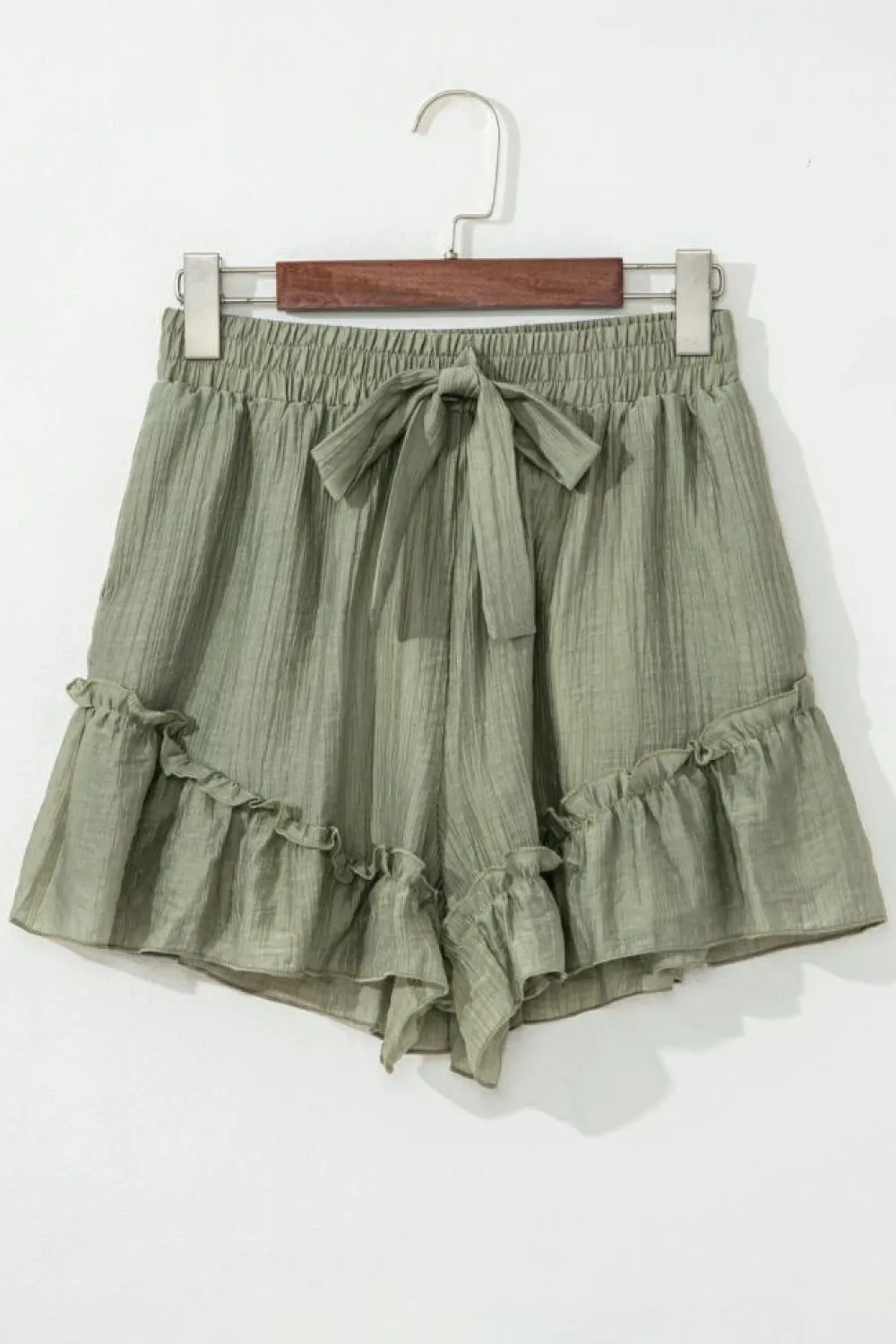 New Dear-Lover Textured Tie Waist Ruffle Hem Shorts Laurel Green