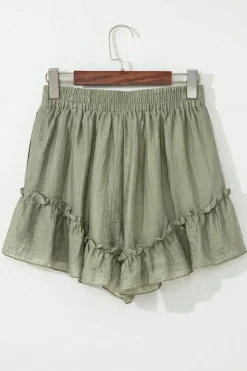 New Dear-Lover Textured Tie Waist Ruffle Hem Shorts Laurel Green