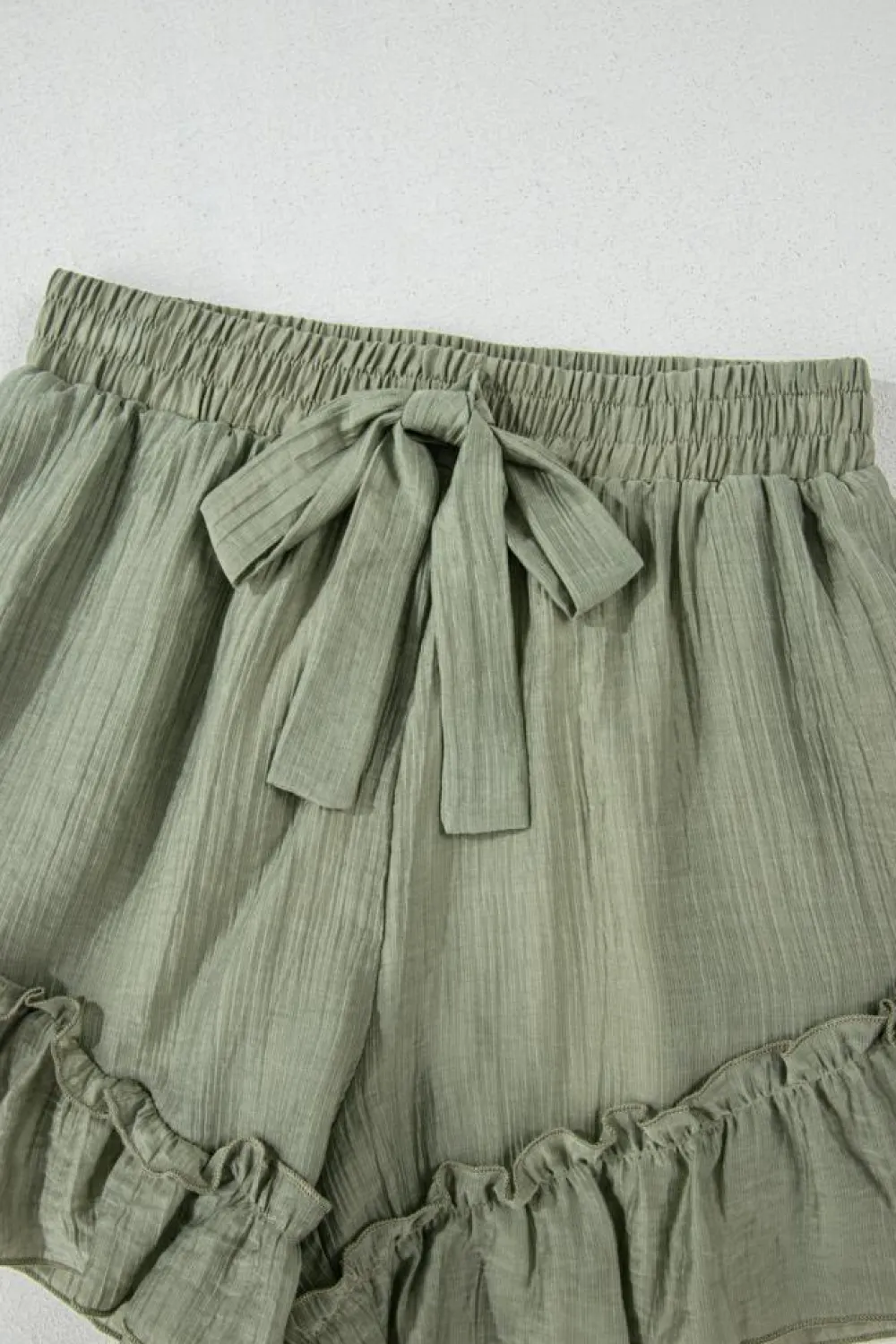New Dear-Lover Textured Tie Waist Ruffle Hem Shorts Laurel Green