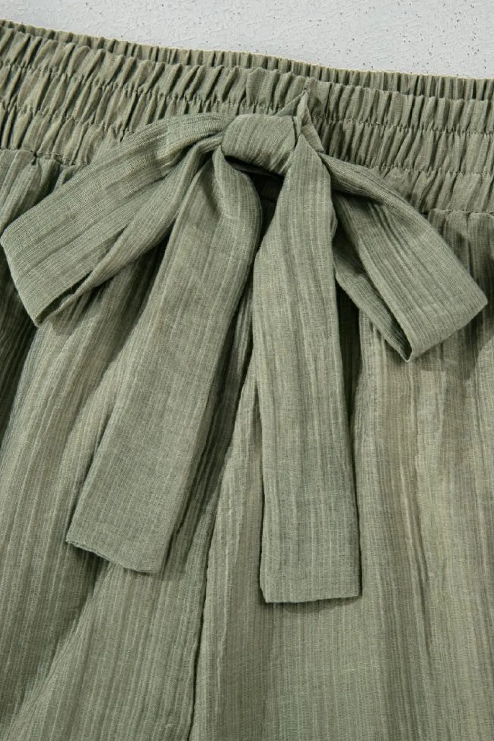New Dear-Lover Textured Tie Waist Ruffle Hem Shorts Laurel Green