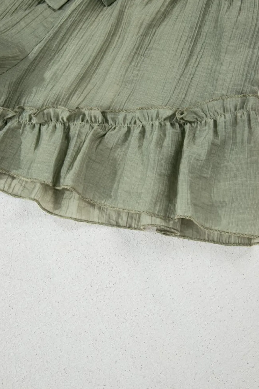New Dear-Lover Textured Tie Waist Ruffle Hem Shorts Laurel Green
