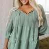 Online Dear-Lover Tie Split Neck Textured Ruffle Patchwork Blouse Laurel Green