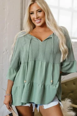 Online Dear-Lover Tie Split Neck Textured Ruffle Patchwork Blouse Laurel Green