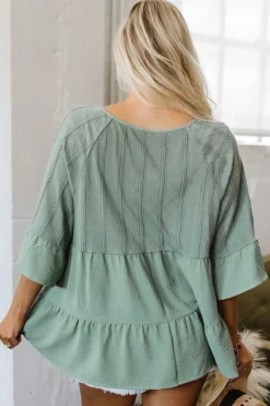 Online Dear-Lover Tie Split Neck Textured Ruffle Patchwork Blouse Laurel Green
