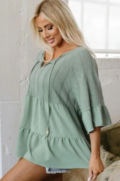 Online Dear-Lover Tie Split Neck Textured Ruffle Patchwork Blouse Laurel Green