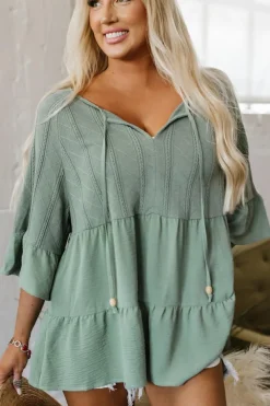 Online Dear-Lover Tie Split Neck Textured Ruffle Patchwork Blouse Laurel Green