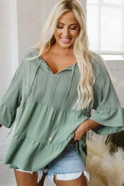 Online Dear-Lover Tie Split Neck Textured Ruffle Patchwork Blouse Laurel Green