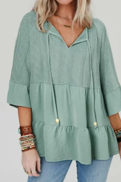 Online Dear-Lover Tie Split Neck Textured Ruffle Patchwork Blouse Laurel Green