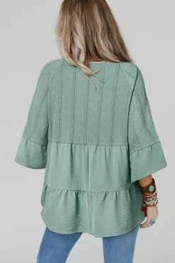 Online Dear-Lover Tie Split Neck Textured Ruffle Patchwork Blouse Laurel Green