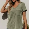 Discount Dear-Lover Twist Short Sleeve Corded V Neck Top Laurel Green