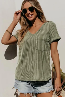 Discount Dear-Lover Twist Short Sleeve Corded V Neck Top Laurel Green