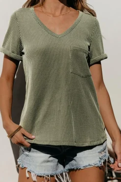 Discount Dear-Lover Twist Short Sleeve Corded V Neck Top Laurel Green
