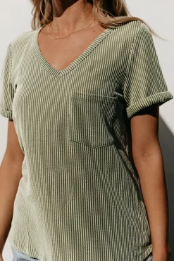 Discount Dear-Lover Twist Short Sleeve Corded V Neck Top Laurel Green