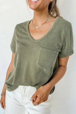 Discount Dear-Lover Twist Short Sleeve Corded V Neck Top Laurel Green