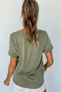 Discount Dear-Lover Twist Short Sleeve Corded V Neck Top Laurel Green