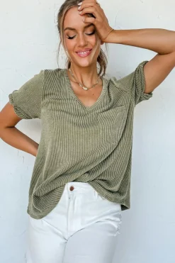 Discount Dear-Lover Twist Short Sleeve Corded V Neck Top Laurel Green