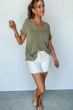 Discount Dear-Lover Twist Short Sleeve Corded V Neck Top Laurel Green