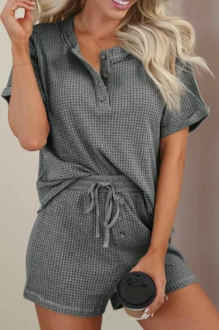 Sale Dear-Lover Waffle Knit Buttoned Top and Drawstring Shorts Set Laurel Green