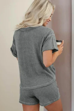 Sale Dear-Lover Waffle Knit Buttoned Top and Drawstring Shorts Set Laurel Green