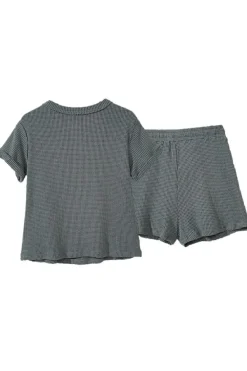 Sale Dear-Lover Waffle Knit Buttoned Top and Drawstring Shorts Set Laurel Green