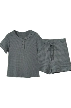 Sale Dear-Lover Waffle Knit Buttoned Top and Drawstring Shorts Set Laurel Green