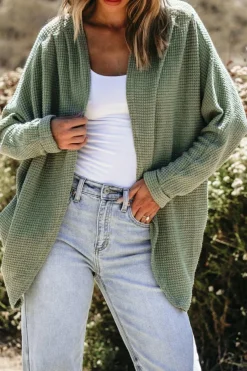 Online Dear-Lover Waffle Knit Open Front Cardigan Laurel Green