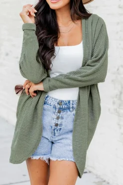 Online Dear-Lover Waffle Knit Open Front Cardigan Laurel Green