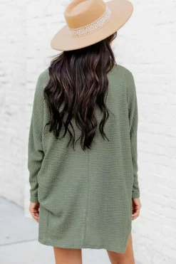 Online Dear-Lover Waffle Knit Open Front Cardigan Laurel Green