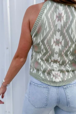Clearance Dear-Lover Western Tribal Aztec Pattern Knit Sweater Tank Laurel Green