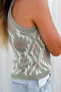 Clearance Dear-Lover Western Tribal Aztec Pattern Knit Sweater Tank Laurel Green