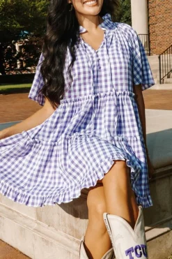 Clearance Dear-Lover Plaid Ruffle Wide Short Sleeve Babydoll Mini Dress Lavendula