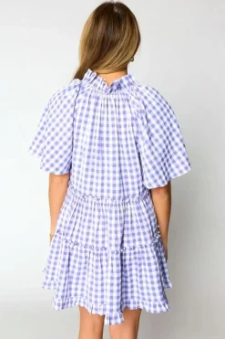 Clearance Dear-Lover Plaid Ruffle Wide Short Sleeve Babydoll Mini Dress Lavendula
