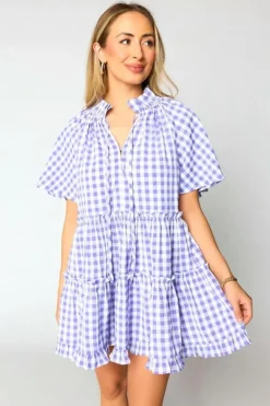 Clearance Dear-Lover Plaid Ruffle Wide Short Sleeve Babydoll Mini Dress Lavendula