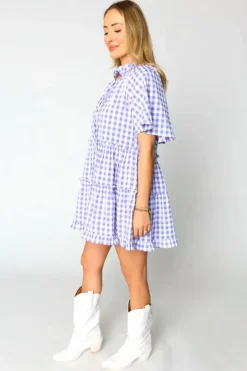 Clearance Dear-Lover Plaid Ruffle Wide Short Sleeve Babydoll Mini Dress Lavendula